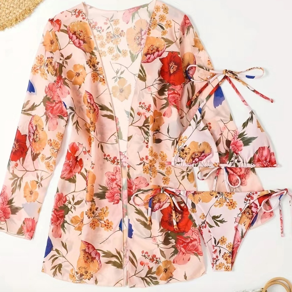 Boho Floral Print 3 Piece Swimsuit Cover-Up Set